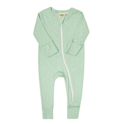 Green baby onesie with a zipper on a white background