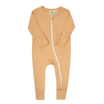 Light Yellow baby onesie with a white zipper on a white background