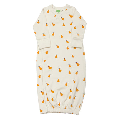 Baby gown with orange pear pattern on a white background