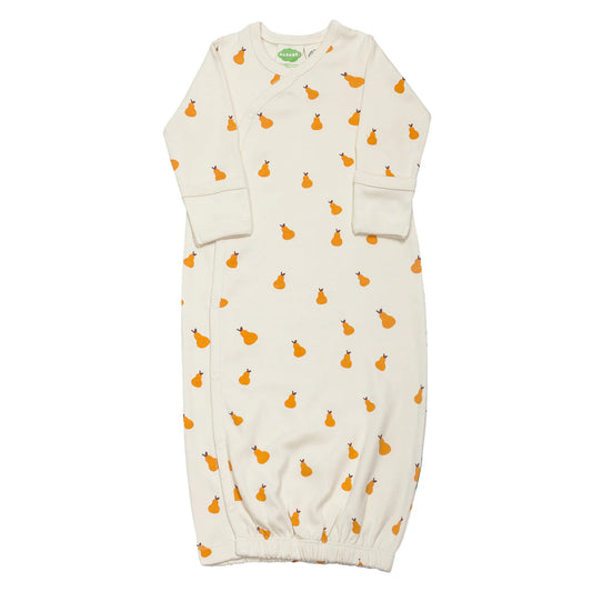 Baby gown with orange pear pattern on a white background