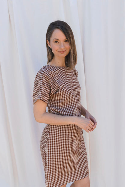 Scoop Back Dress in Brown & White Gingham Linen