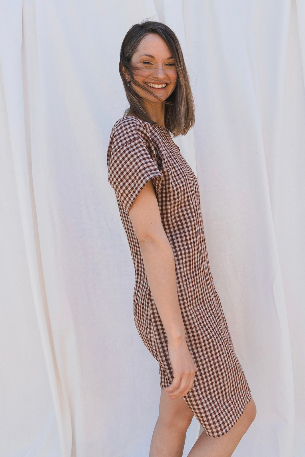 Scoop Back Dress in Brown & White Gingham Linen