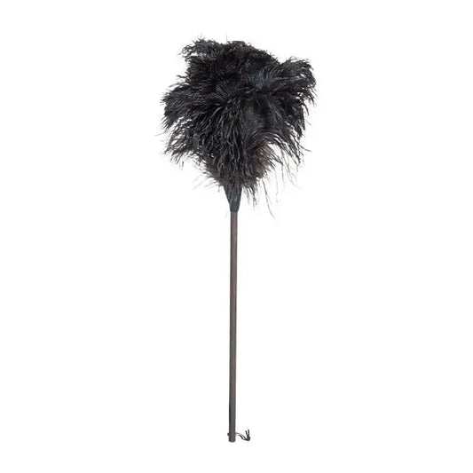A long-handled ostrich feather duster with black feathers and a dark metal handle, shown against a plain white background.