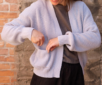 Ss24 - It is Well L.A - Easy Cardigan in Heather Blue - on model  close-up pocket 4