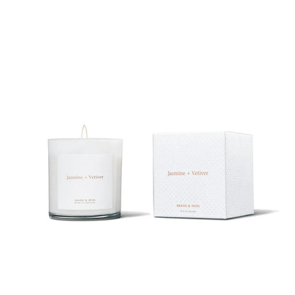 Sandalwood and lavender candle with packaging on a white background