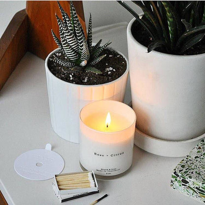 A lit candle from Brand & Iron's Home Series, placed on a table next to a plant pot and matches, with a white label on the candle.