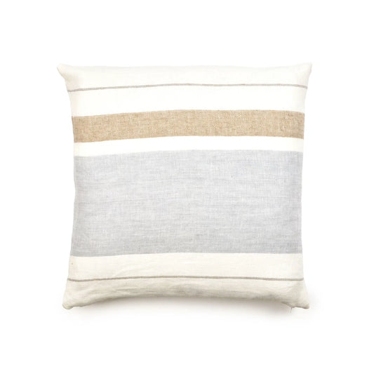 A square throw pillow with a horizontal striped pattern in cream, natural beige linen, and light gray linen, shown against a plain white background.