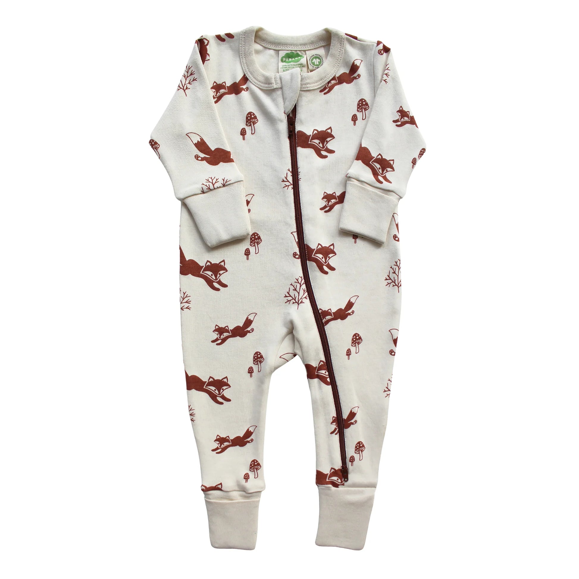 A beige-colored organic cotton romper with a 2-way zipper and a fox
