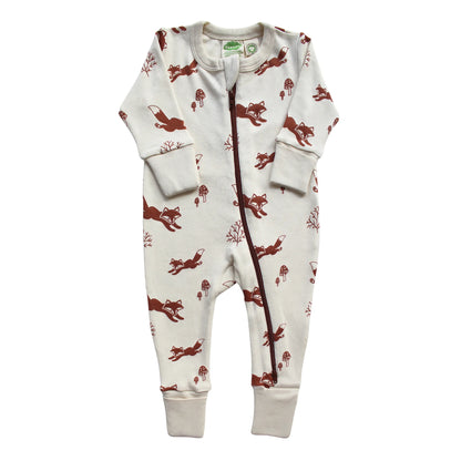 A beige-colored organic cotton romper with a 2-way zipper and a fox