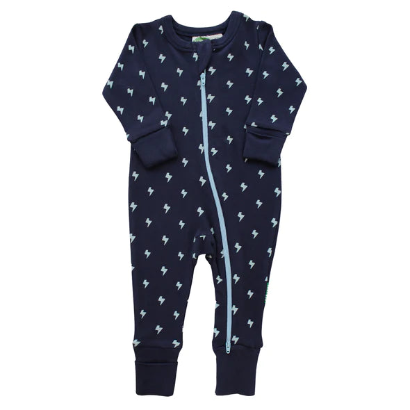 A navy organic cotton romper with a 2-way zipper and a lightening