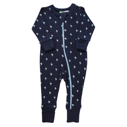 A navy organic cotton romper with a 2-way zipper and a lightening