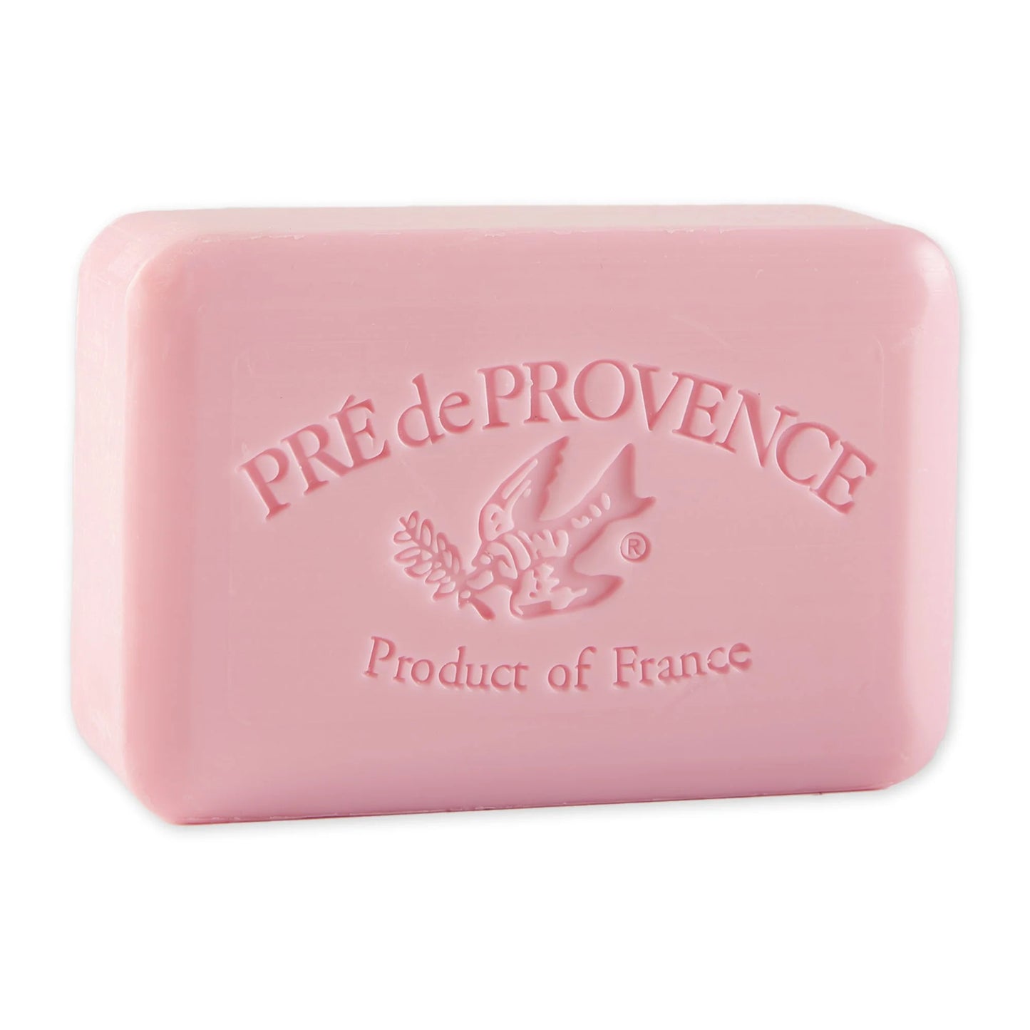 Pink soap bar with 'Pre de Provence' branding on a white background