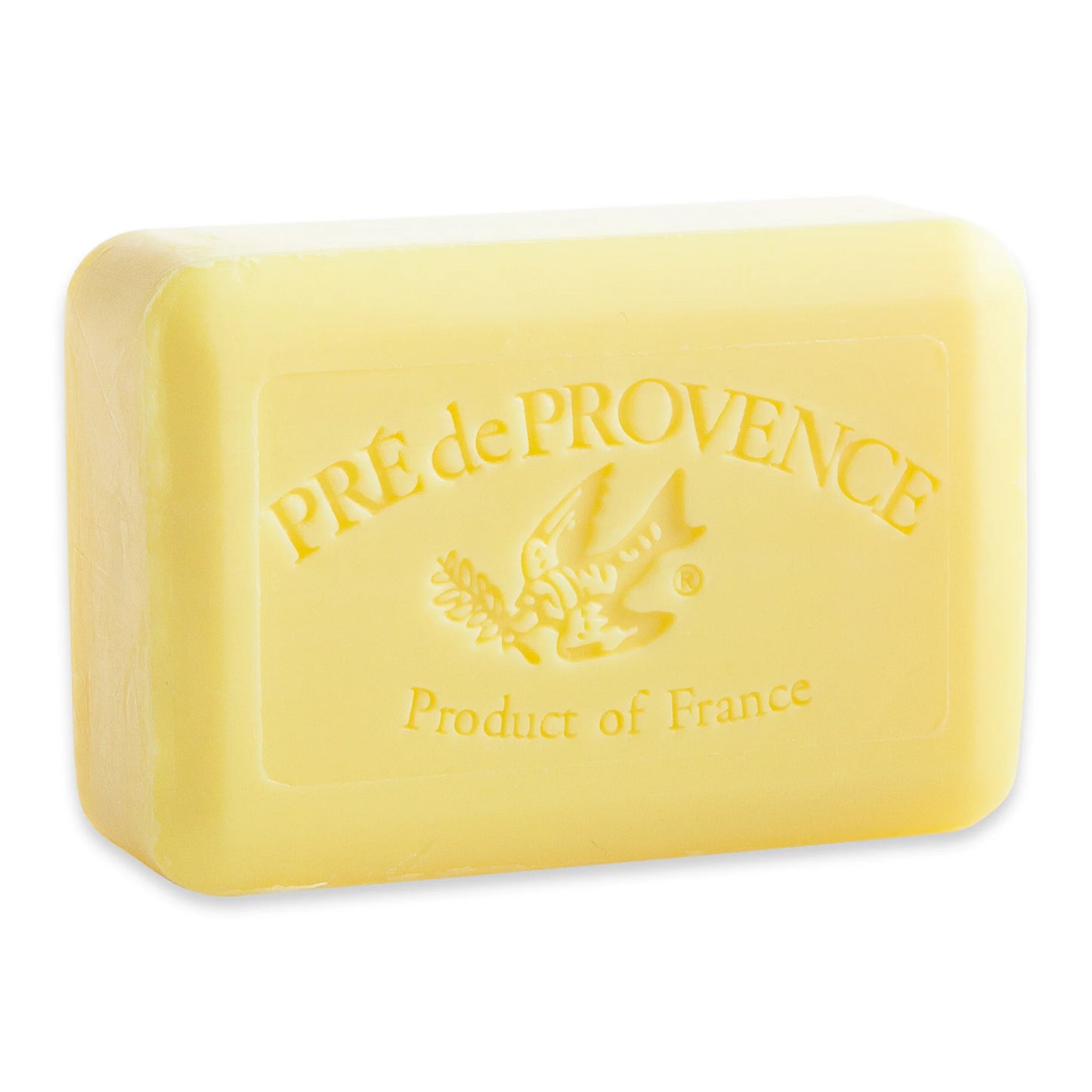 Yellow bar of soap with 'Pre de Provence' branding on a white background