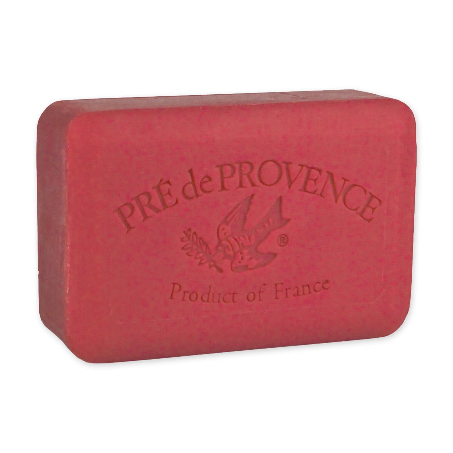 Red soap bar with 'Pre de Provence' branding on a white background