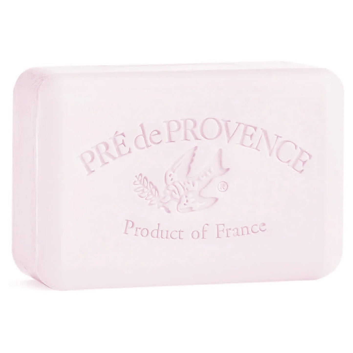 Pink bar of soap with 'Pre de Provence' branding on a white background