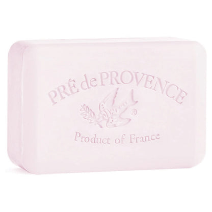 Pink bar of soap with 'Pre de Provence' branding on a white background