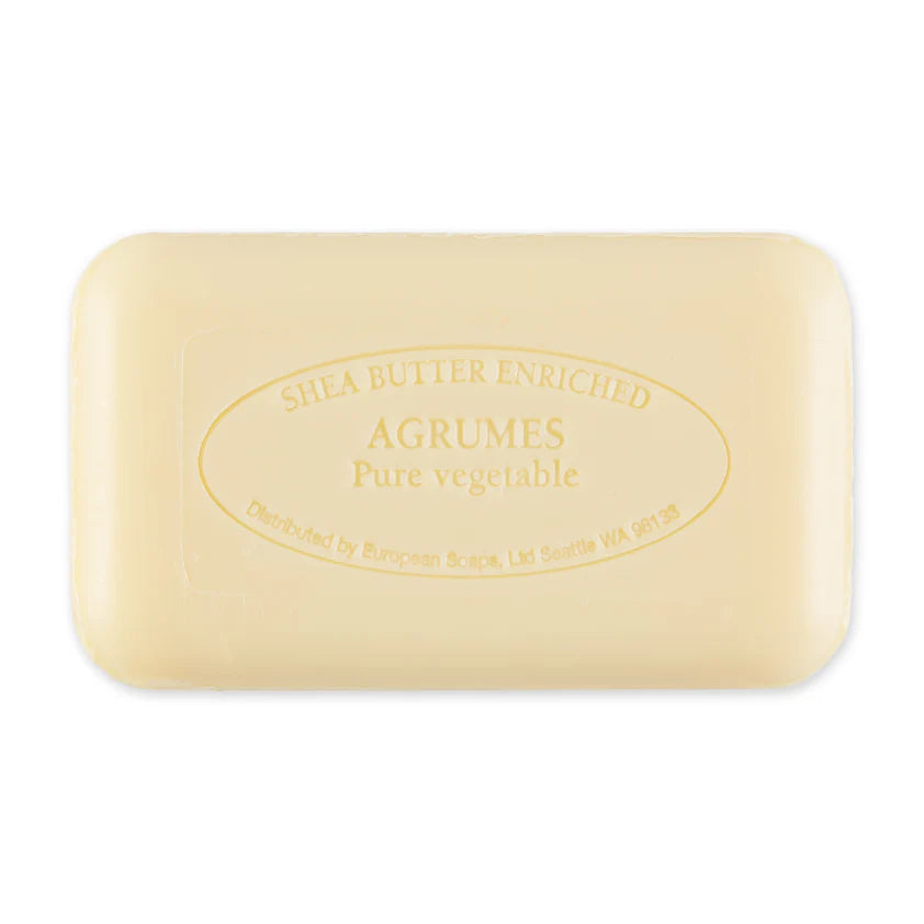 Shea butter enriched Agrumes soap bar on a white background