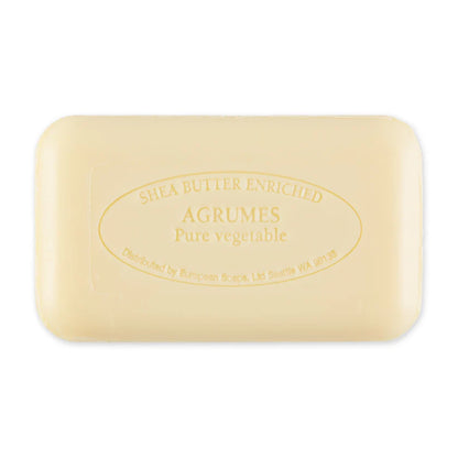 Shea butter enriched Agrumes soap bar on a white background