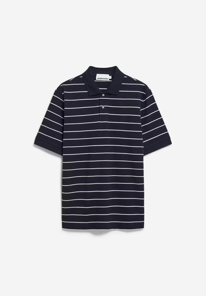 SS25 - ARMEDANGELS - Maario Stripes Polo Shirt in Night Sky-Broken White - display front 4