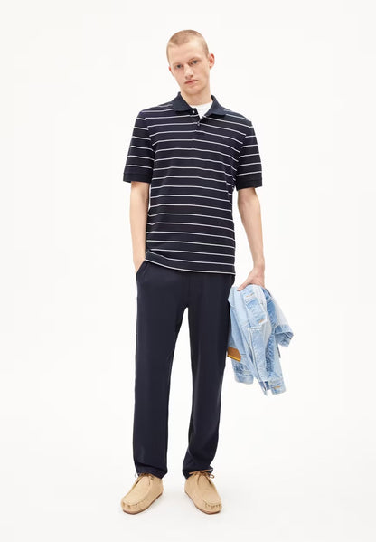 SS25 - ARMEDANGELS - Maario Stripes Polo Shirt in Night Sky-Broken White - front 3