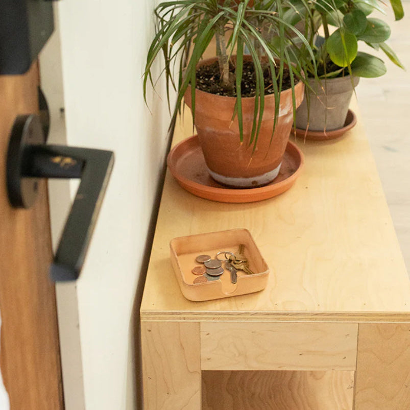 Wooden shelf with potted plants and a small tray holding coins and keys.