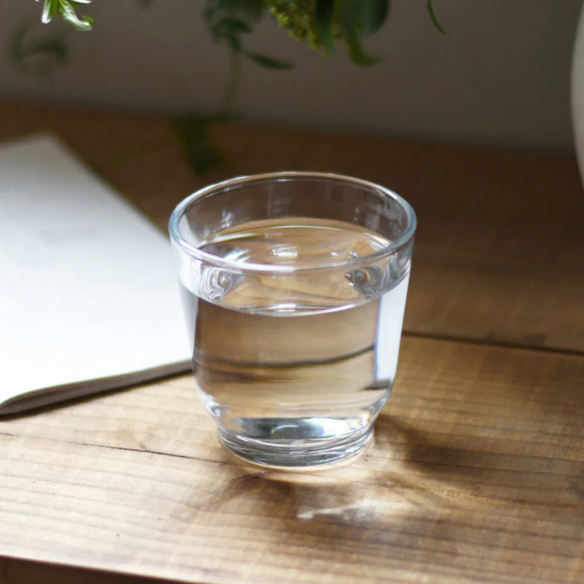 KINTO HIBI Tumbler Clear, 220ml filled with water on wooden table