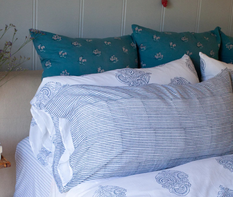 SS25 - Kerry Cassil - Hand Block Printed Cotton Pillowcase Set | Indigo Stripe - 3