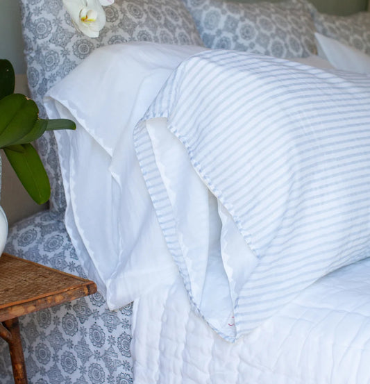 SS25 - Kerry Cassil - Hand Block Printed Cotton Pillowcase Set | Light Blue Stripe - 1