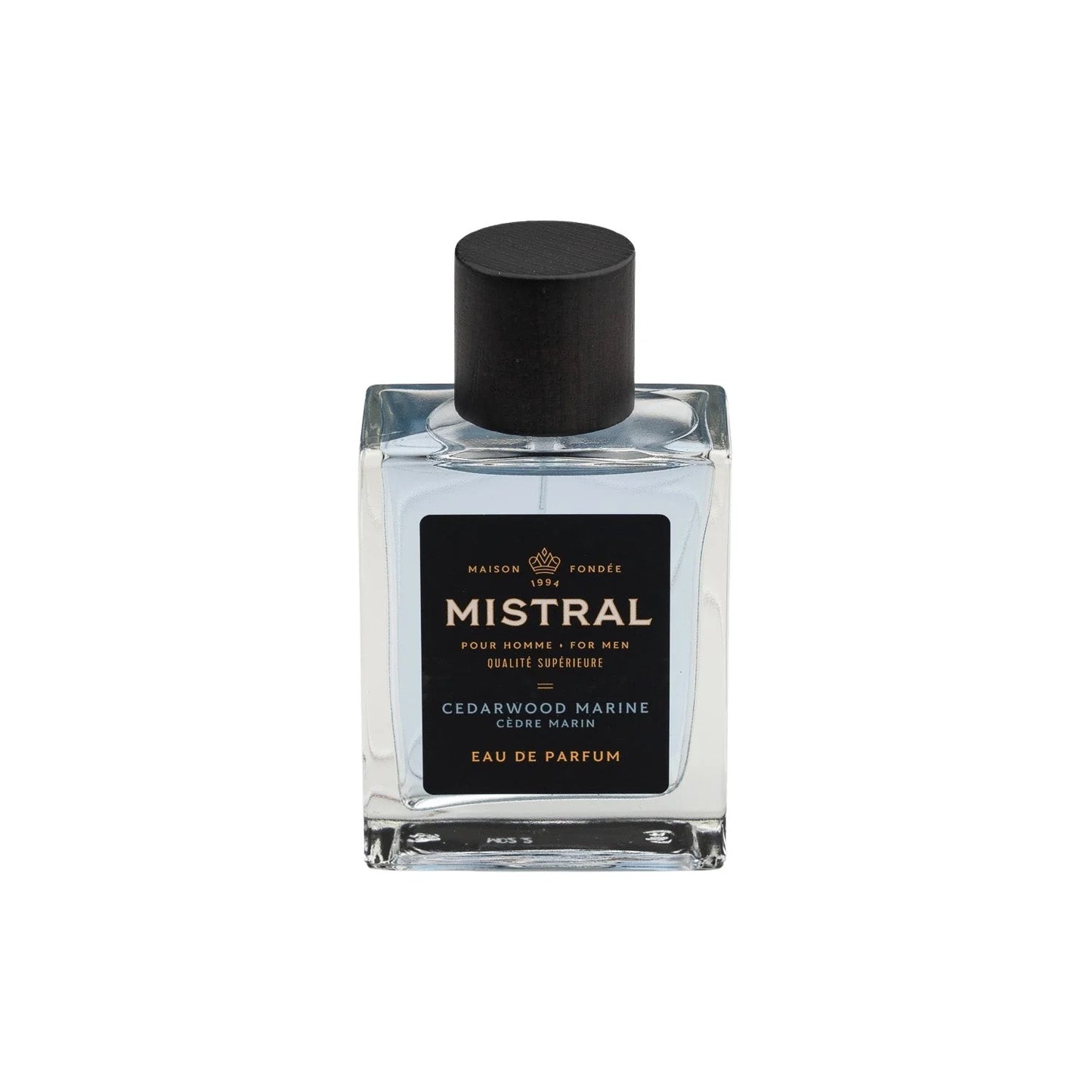A bottle of Mistral Cedarwood Marine Eau de Parfum with a black cap and a label indicating it is a 100ml fragrance bottle.