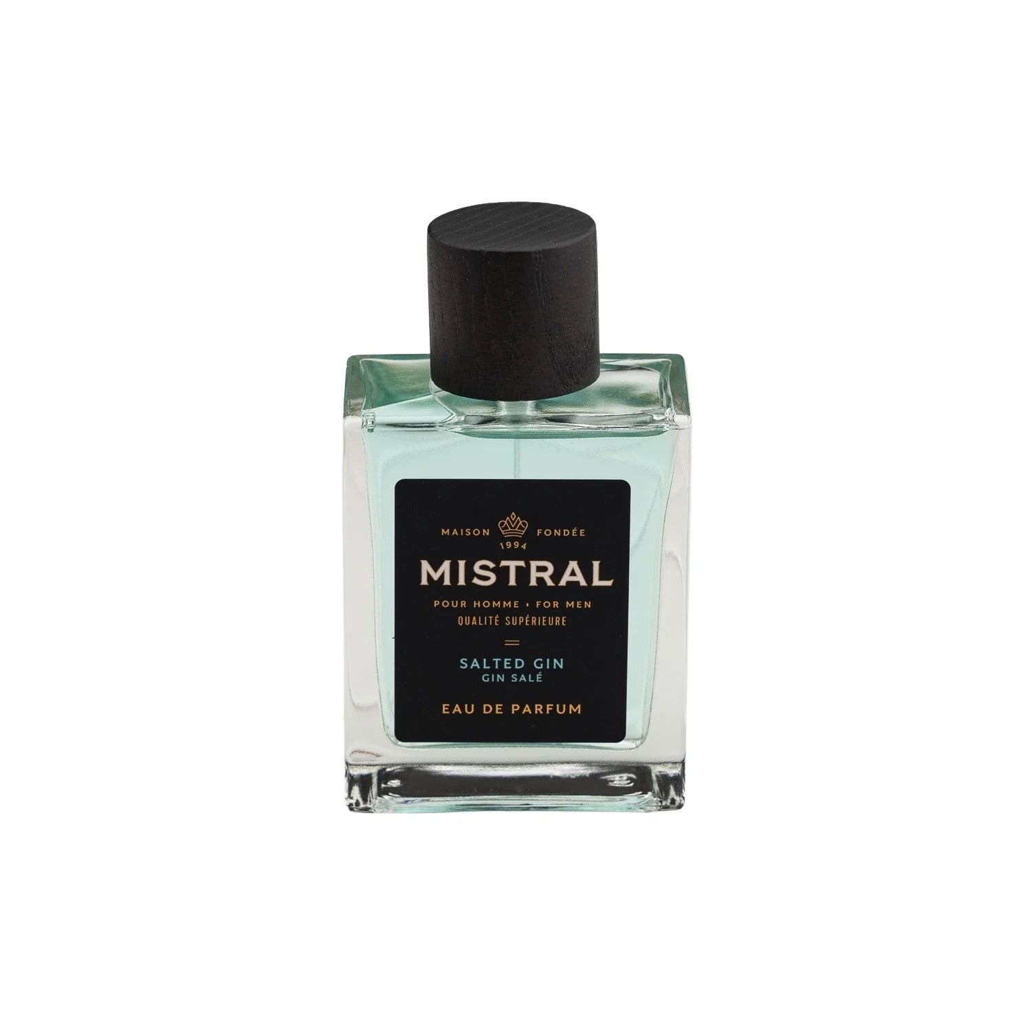 A bottle of Mistral Salted Gin Eau de Parfum with a black cap and a label that includes the product name and the scent description.