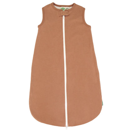 Brown baby sleeping bag with a white zipper on a white background
