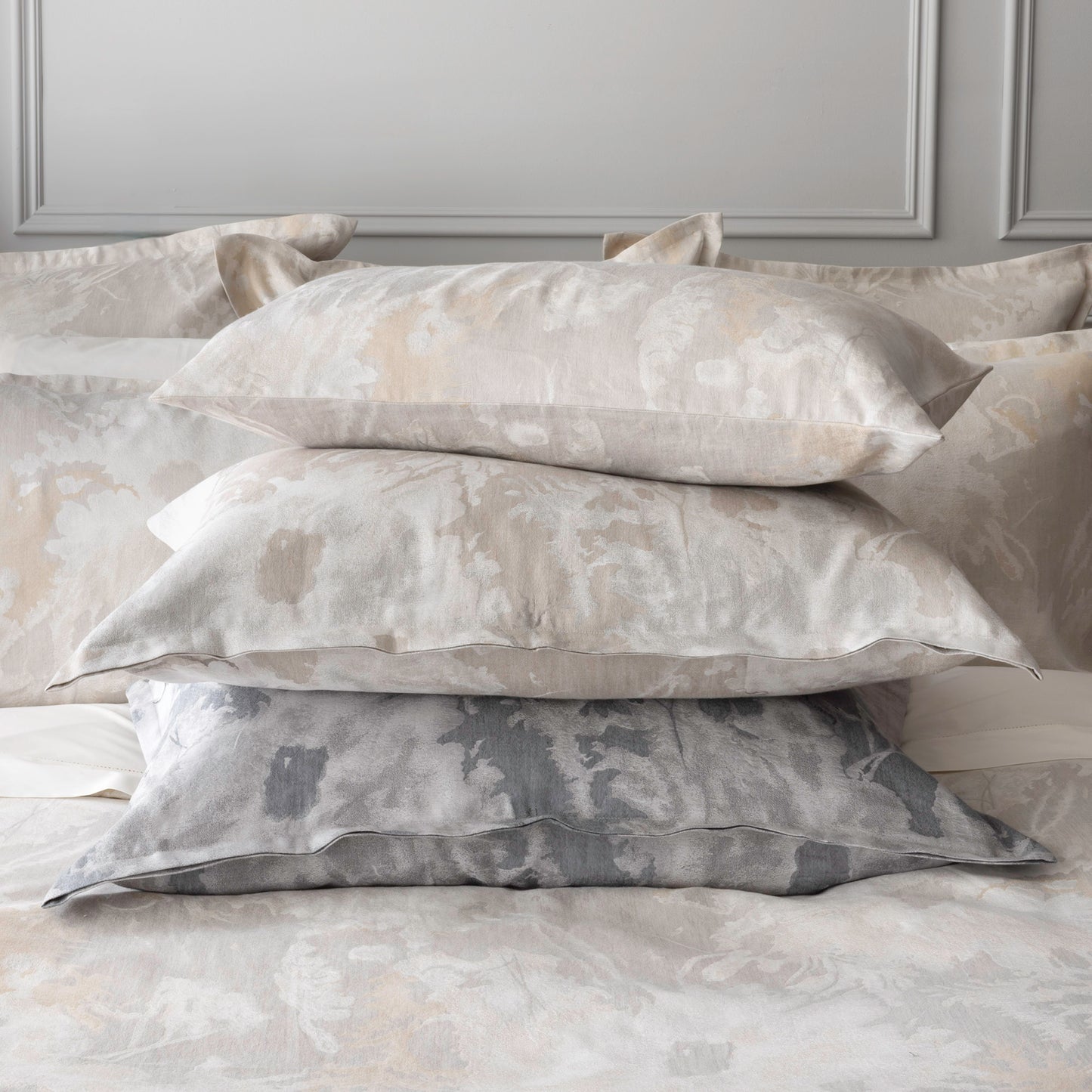 St Geneve Blossom Cushions and Shams in Moonlight, Oyster, and Parchment