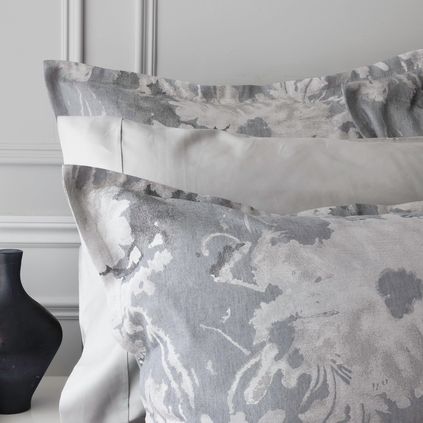 St Geneve Blossom Sham in Moonlight, Paired with Capri Pillowcase in Dove Grey