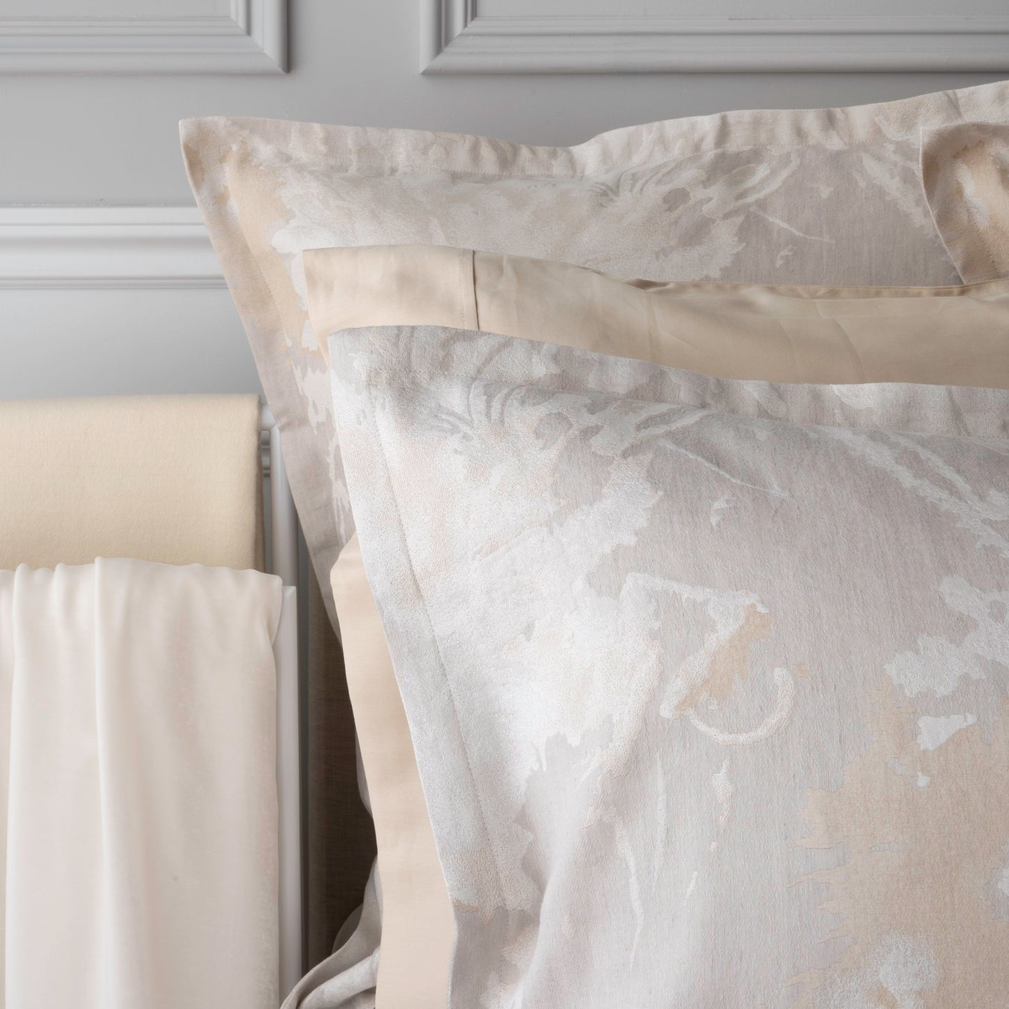 St Geneve Blossom Sham in Parchemnt, Paired with Capri Pillowcase in Sand