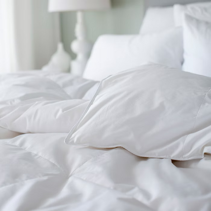 White embassy down duvet on a bed in a softly lit room