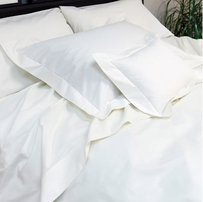 St Geneve Venice Percale bedding in White, displayed on bed