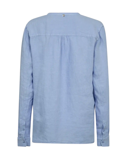 MOS MOSH Danna Linen Blouse Brunnera Blue – women's breathable linen top, Canada flatlay of back