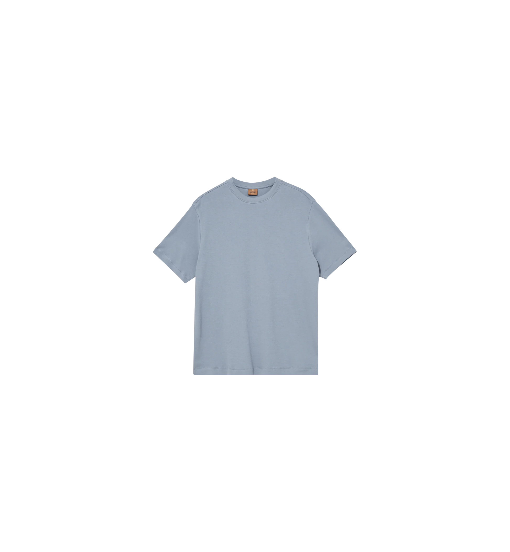 Mos Mosh Gallery mens beige crew neck cotton t-shirt with short sleeves and subtle chest logo in Kelowna in flint stone colour