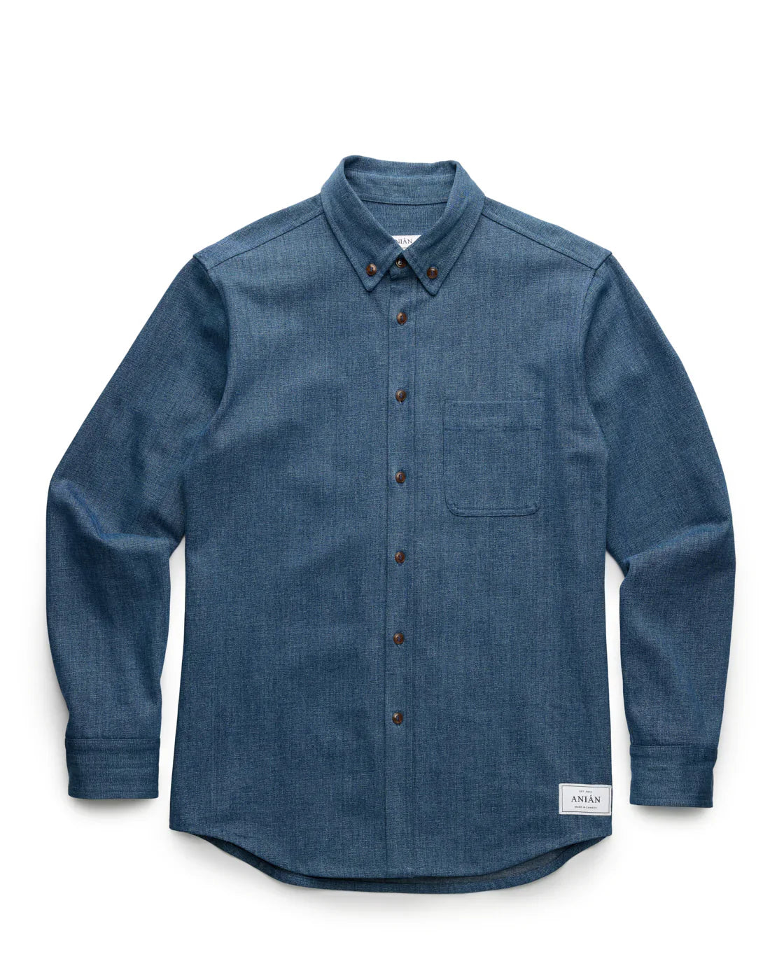 DARK BLUE DENIM SHIRT PRODUCT SHOT, LAID FLAT WITH WHITE BACKGROUND