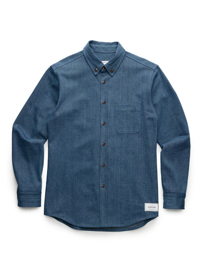 DARK BLUE DENIM SHIRT PRODUCT SHOT, LAID FLAT WITH WHITE BACKGROUND
