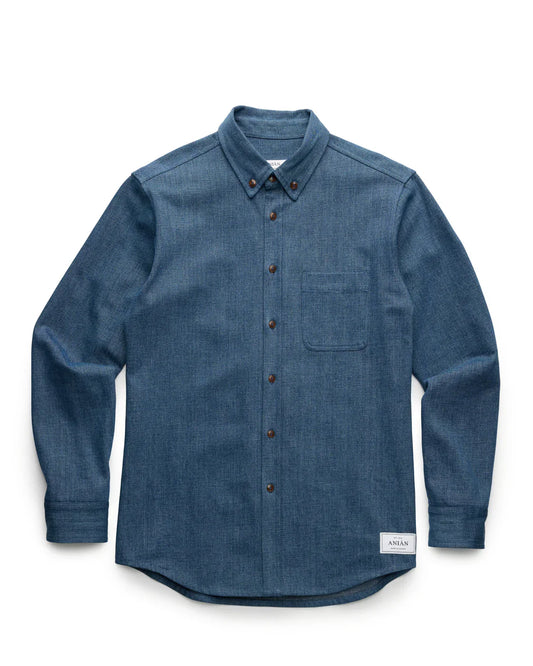 DARK BLUE DENIM SHIRT PRODUCT SHOT, LAID FLAT WITH WHITE BACKGROUND