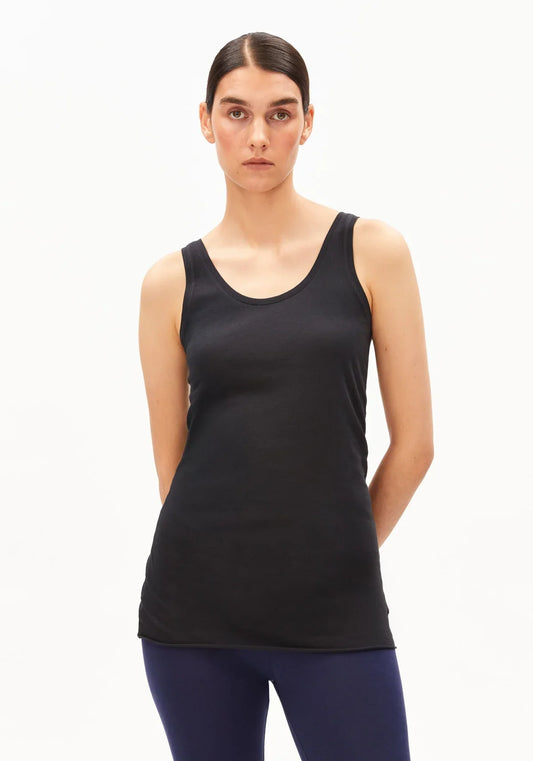 women's ARMEDANGELS Single Jersey Top in Black, on model front view in Kelowna