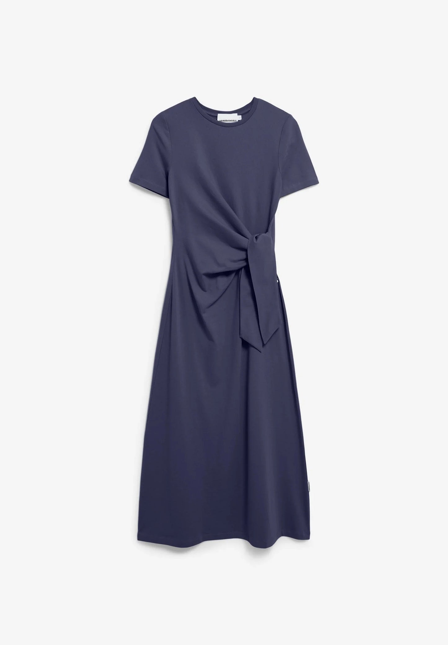 FULL FLAT LAY NAVY SHEATH WRAP DRESS AGAINST WHITE BACKGROUND