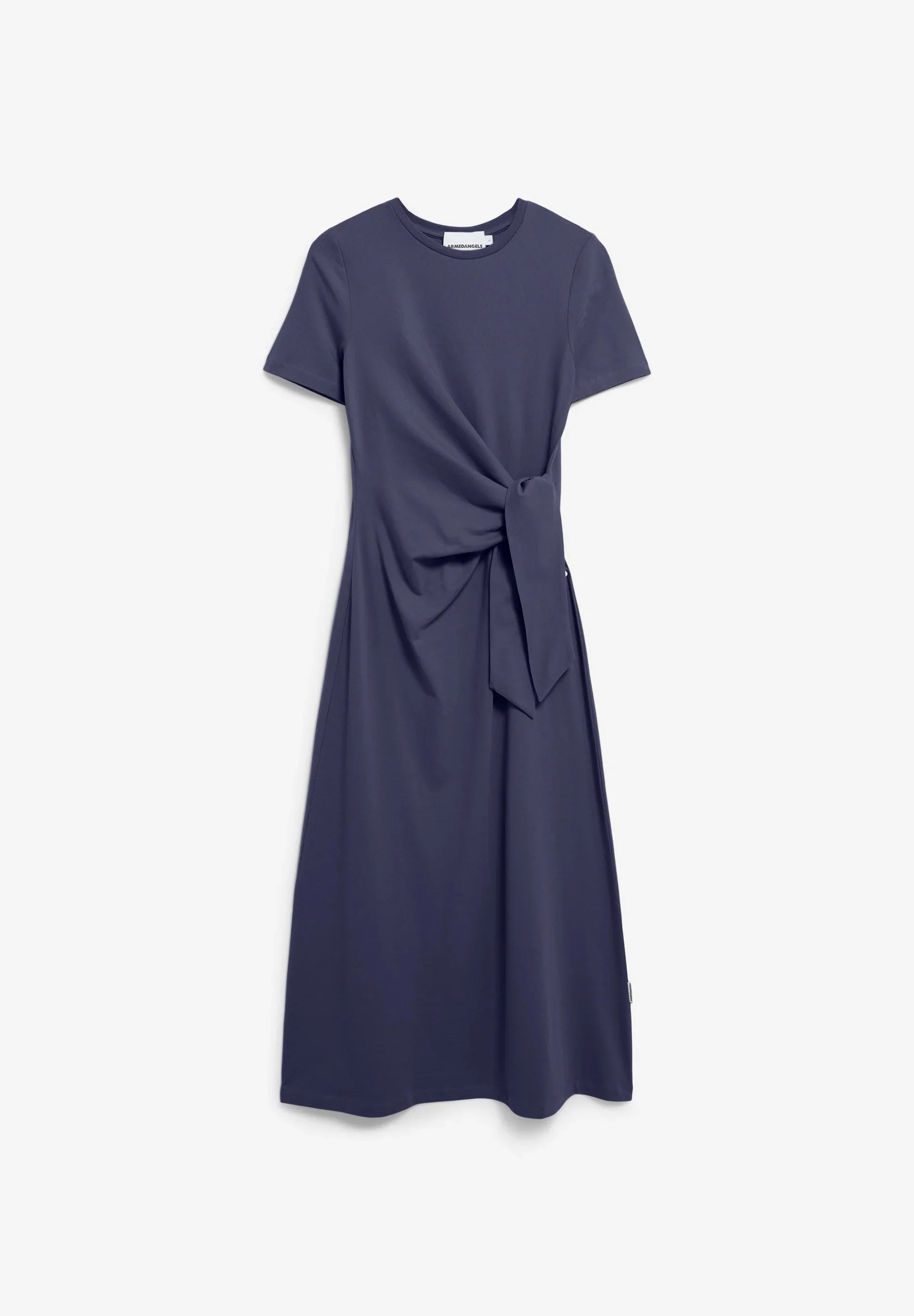 FULL FLAT LAY NAVY SHEATH WRAP DRESS AGAINST WHITE BACKGROUND