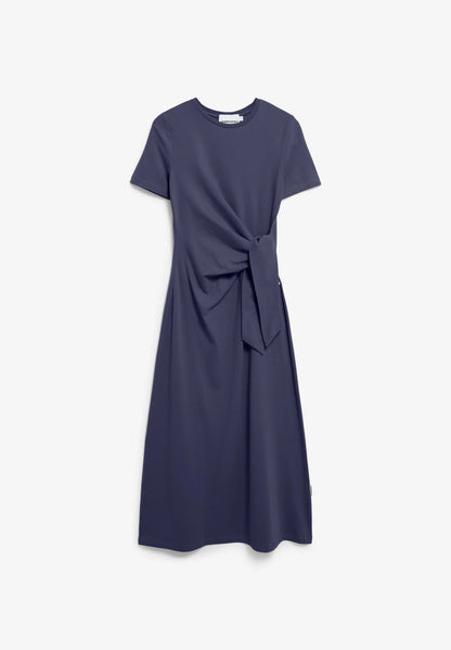 FULL FLAT LAY NAVY SHEATH WRAP DRESS AGAINST WHITE BACKGROUND
