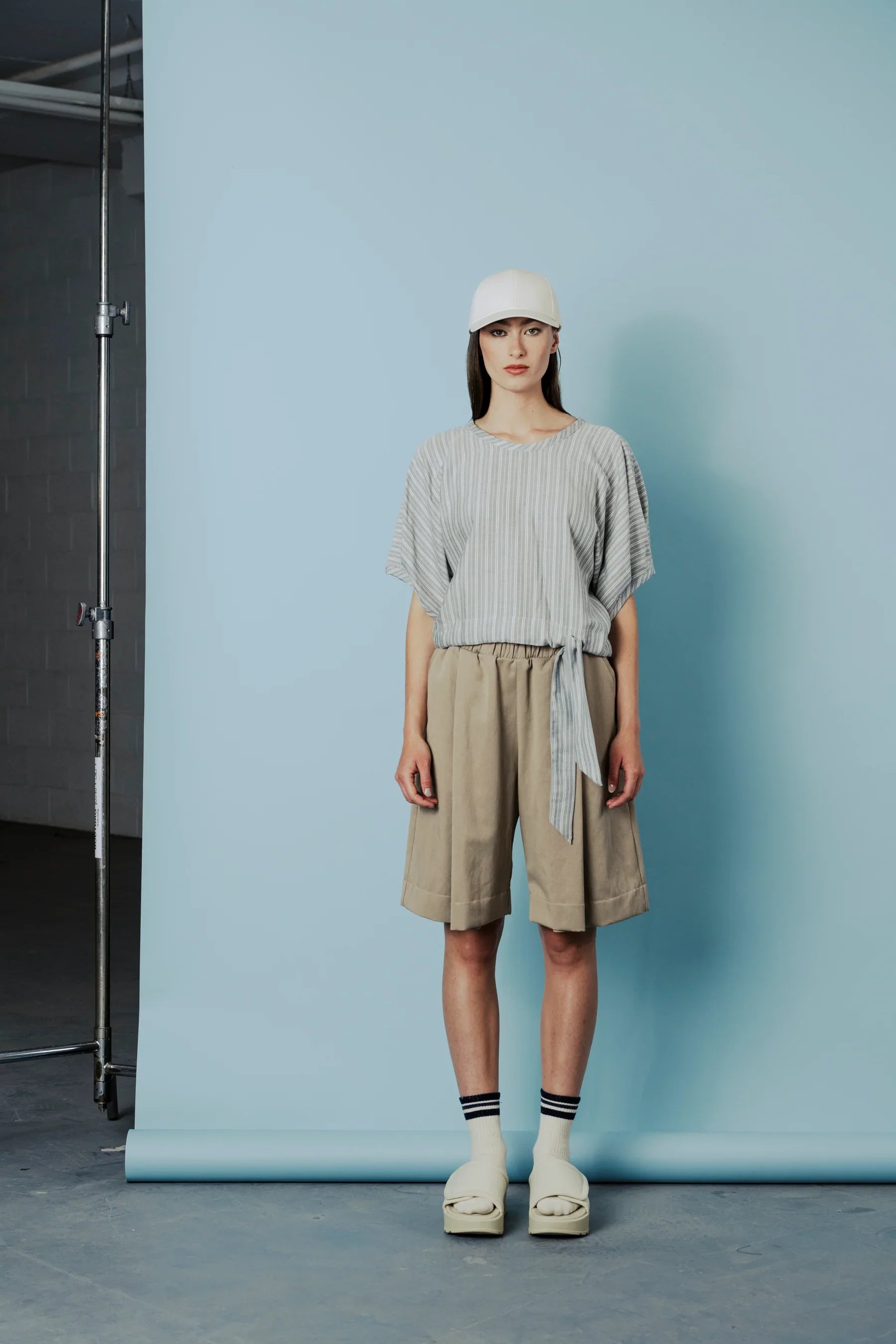 Bahia Top in Light Blue Herringbone - BodyBag by Jude front- adjustable gathered waistband cotton top - sustainable fashion Okanagan