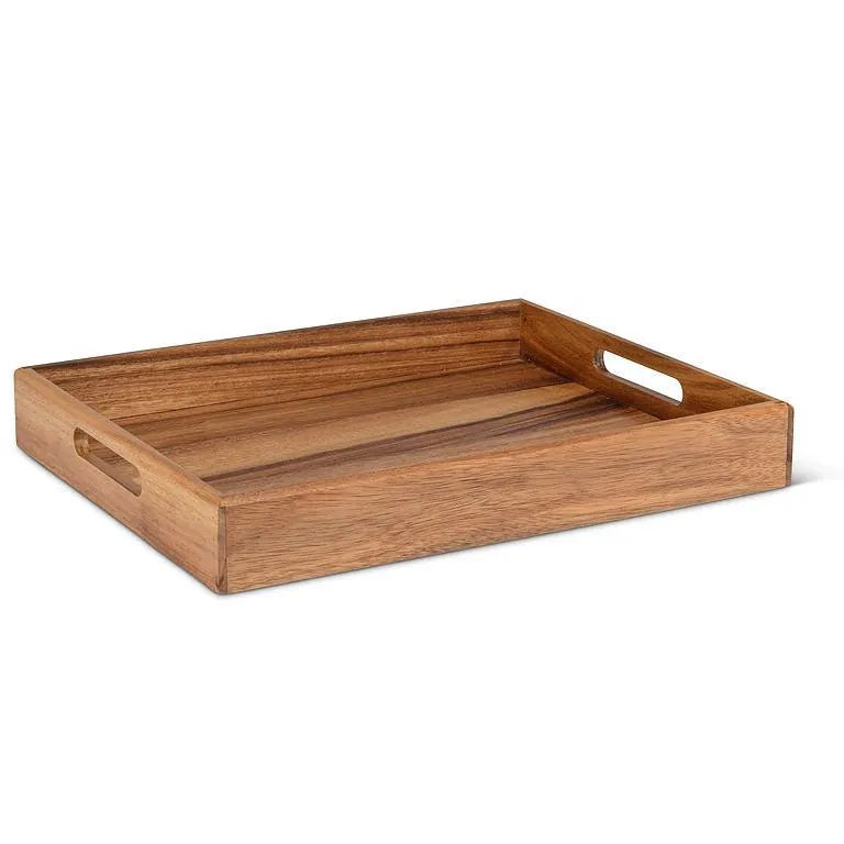 Wooden tray with handles on a white background