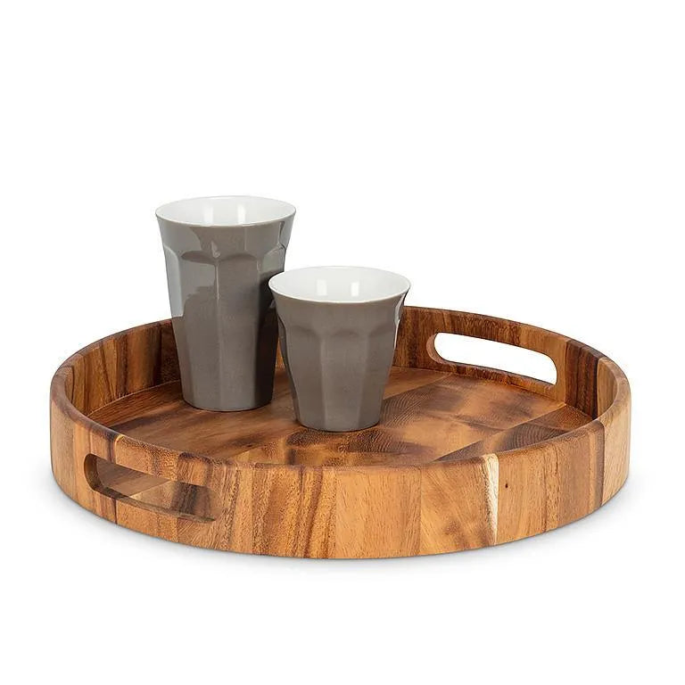 Wooden tray with two gray ceramic cups on a white background