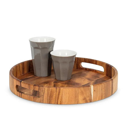 Wooden tray with two gray ceramic cups on a white background
