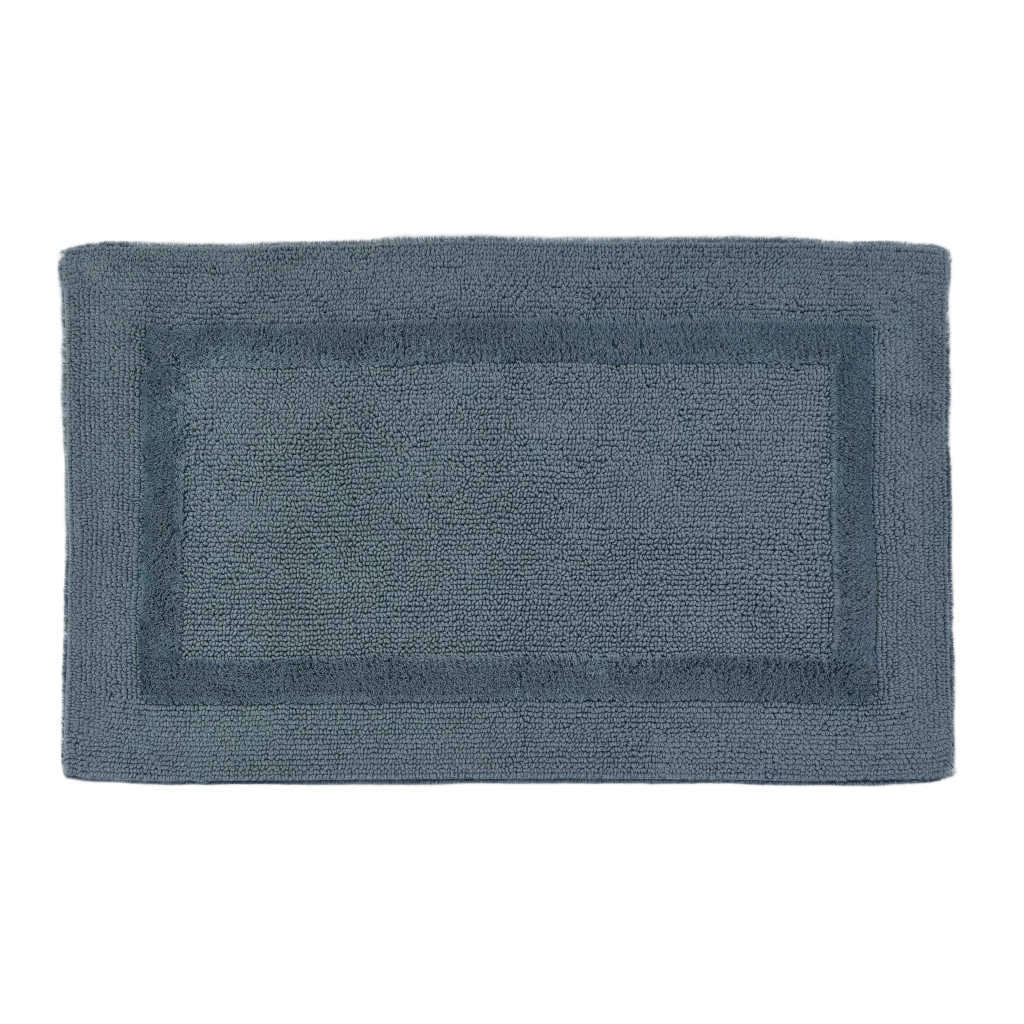 Rectangular blue bath mat on a light gray background